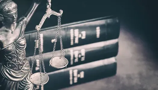 the statue of lady justice next to a stack of books